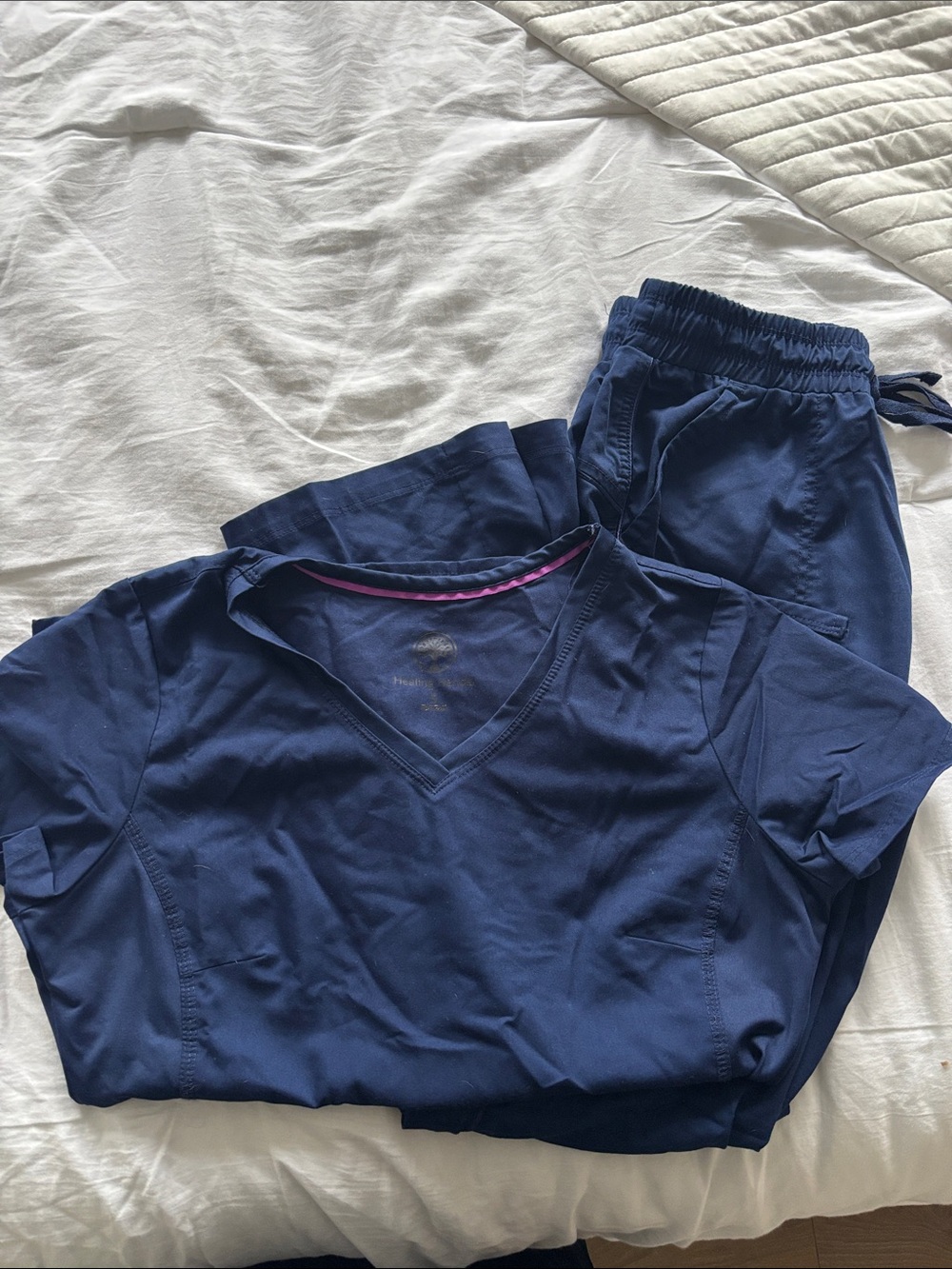 Navy V-Neck Women's Scrub Top & Drawstring Pants Set